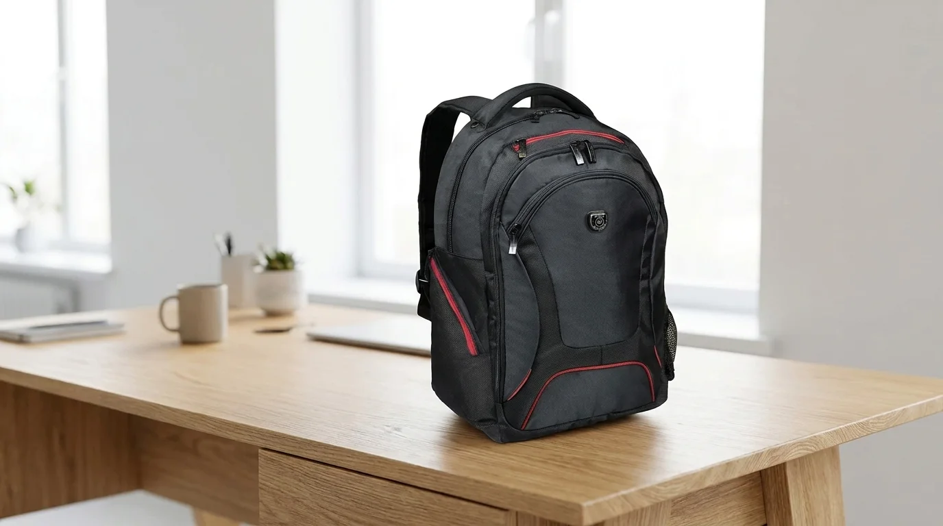 Černý batoh na notebook Port Designs Courchevel s červenými detaily stojí na dřevěném pracovním stole.