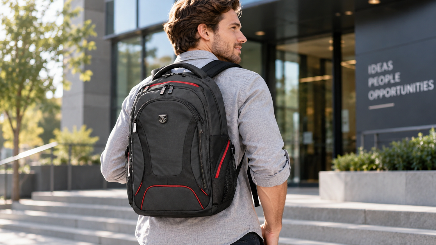 Muž před moderní budovou nese na zádech černý batoh na notebook Port Designs Courchevel s červenými detaily.