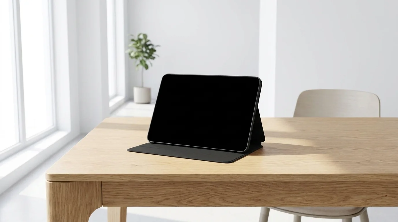 Tablet iPad Pro v černém pouzdře Fixed Padcover složeném do stojánku na dřevěném stole.
