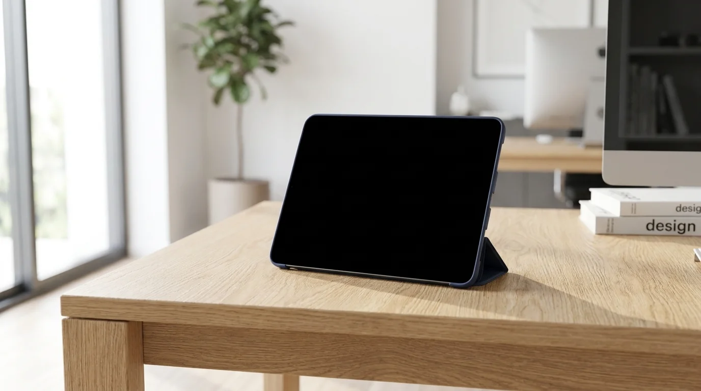 Tablet Apple iPad v tmavě modrém pouzdře Fixed Padcover složeném do stojánku na dřevěném stole.