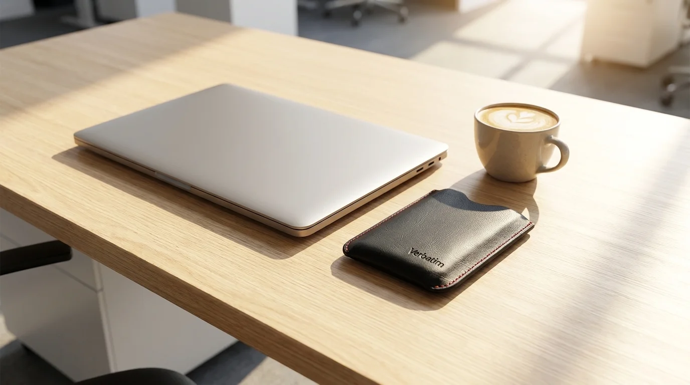 Černé pouzdro na disk Verbatim ležící na dřevěném stole vedle notebooku a šálku kávy.