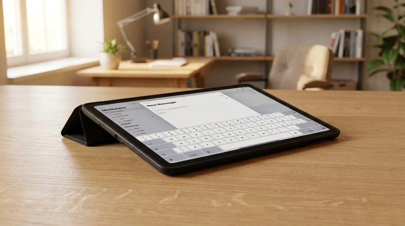 Apple iPad v černém pouzdře Fixed Padcover nastaveném do polohy stojánku pro psaní na dřevěném stole.