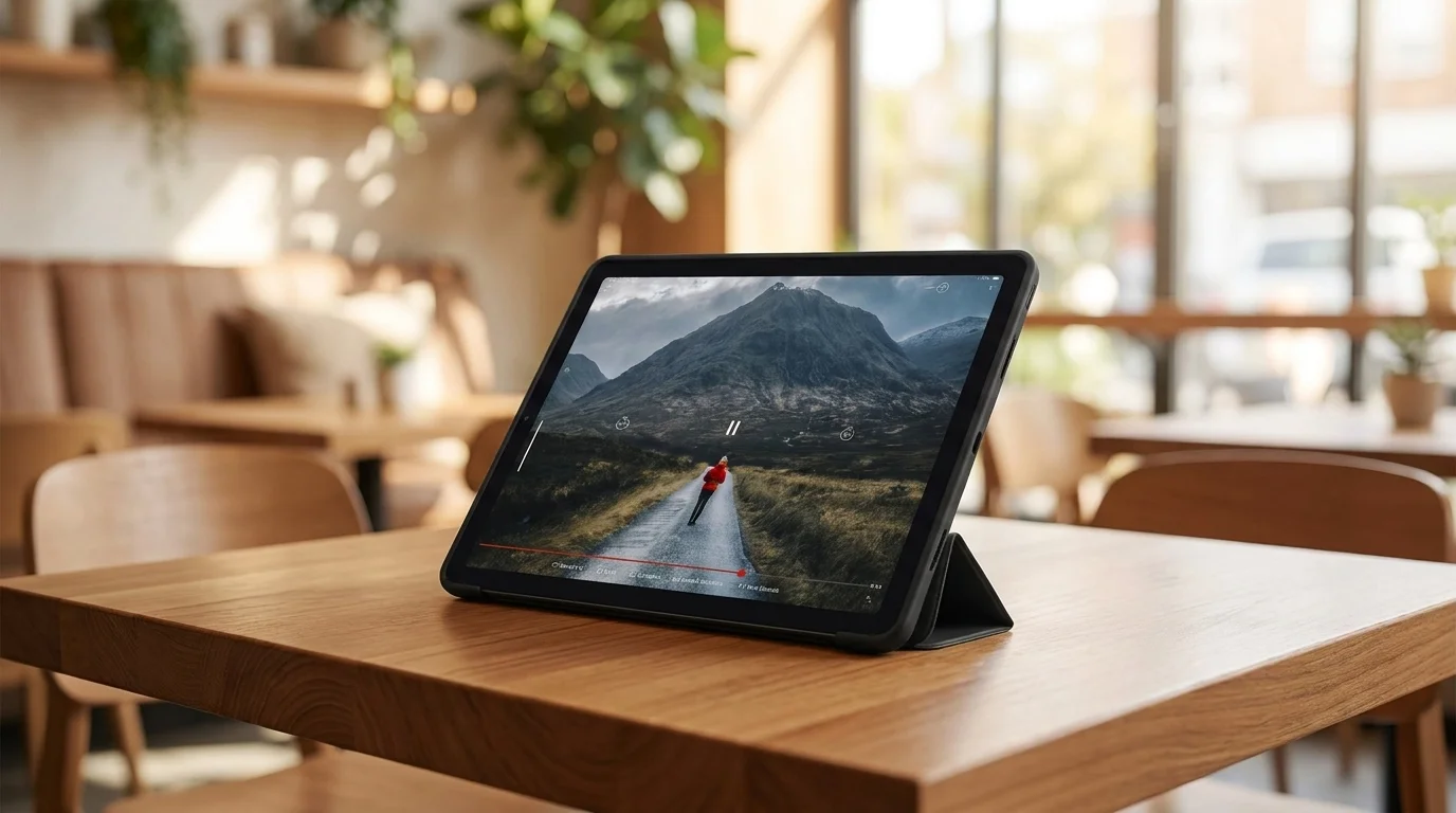 Tablet Apple iPad v černém pouzdře Fixed Padcover opřený v režimu stojánku na dřevěném stole.