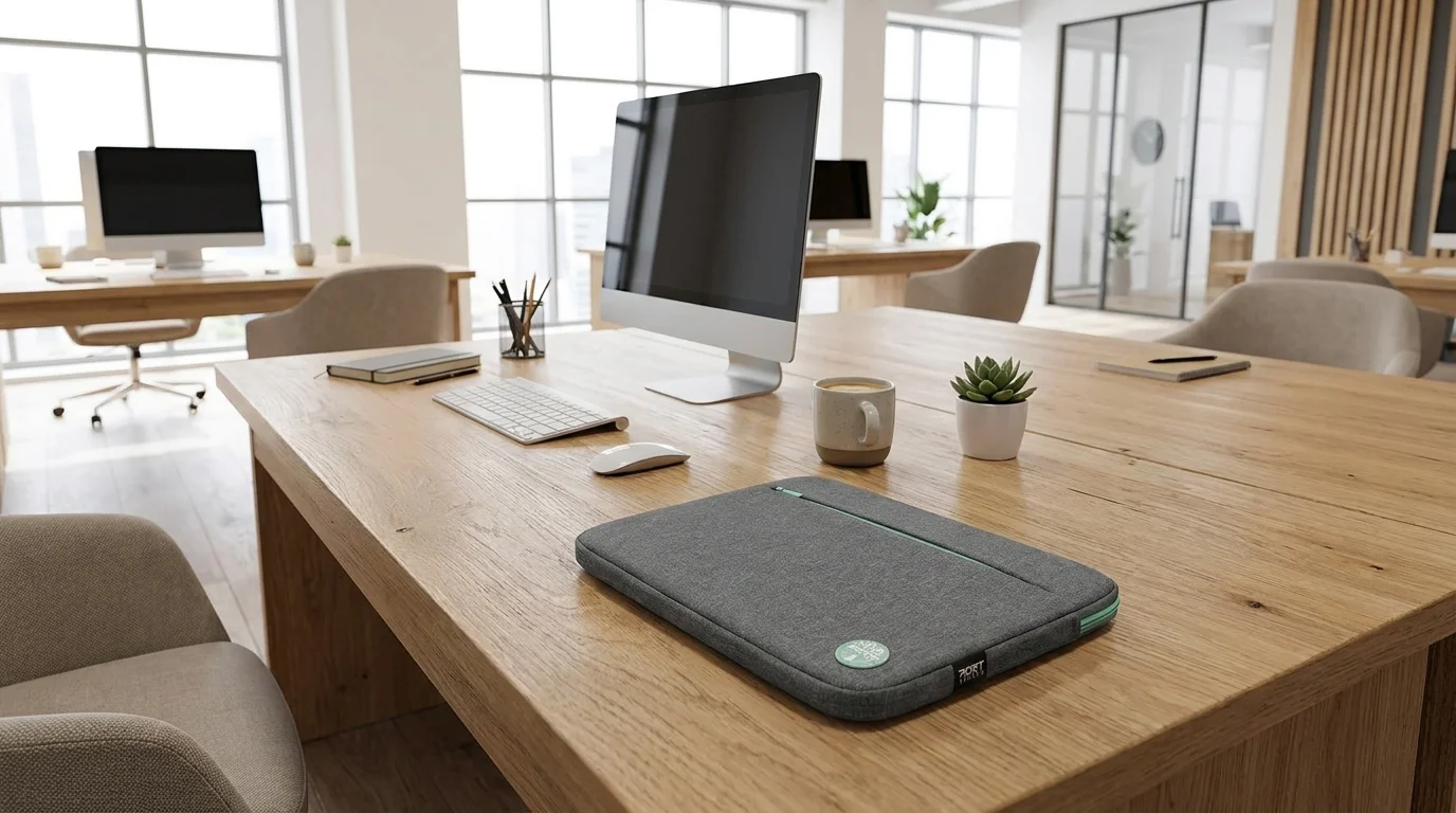Sivé puzdro na notebook Port Designs Yosemite ECO so zelenými detailmi položené na drevenom kancelárskom stole.