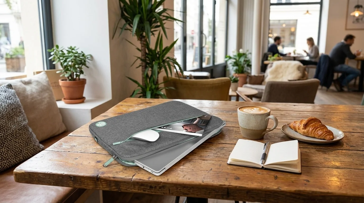 Sivé puzdro na notebook Port Designs Yosemite ECO s notebookom a myšou položené na stole v kaviarni vedľa kávy a croissantu.