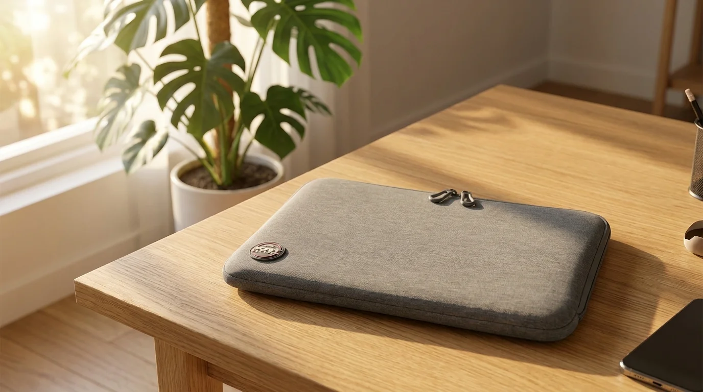 Šedé pouzdro na notebook Port Designs Torino II položené na dřevěném stole.