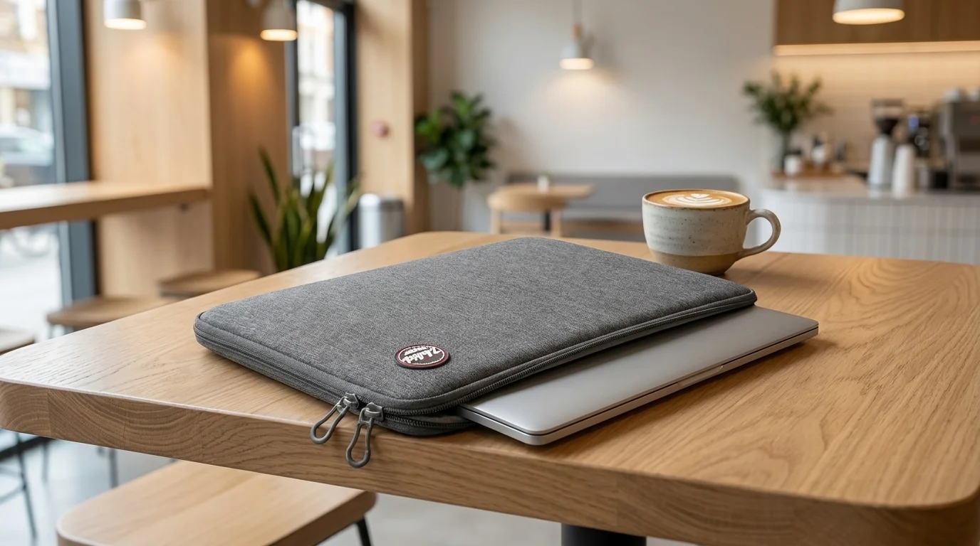 Šedé pouzdro na notebook Port Designs Torino II položené na notebooku na dřevěném stole vedle šálku kávy.