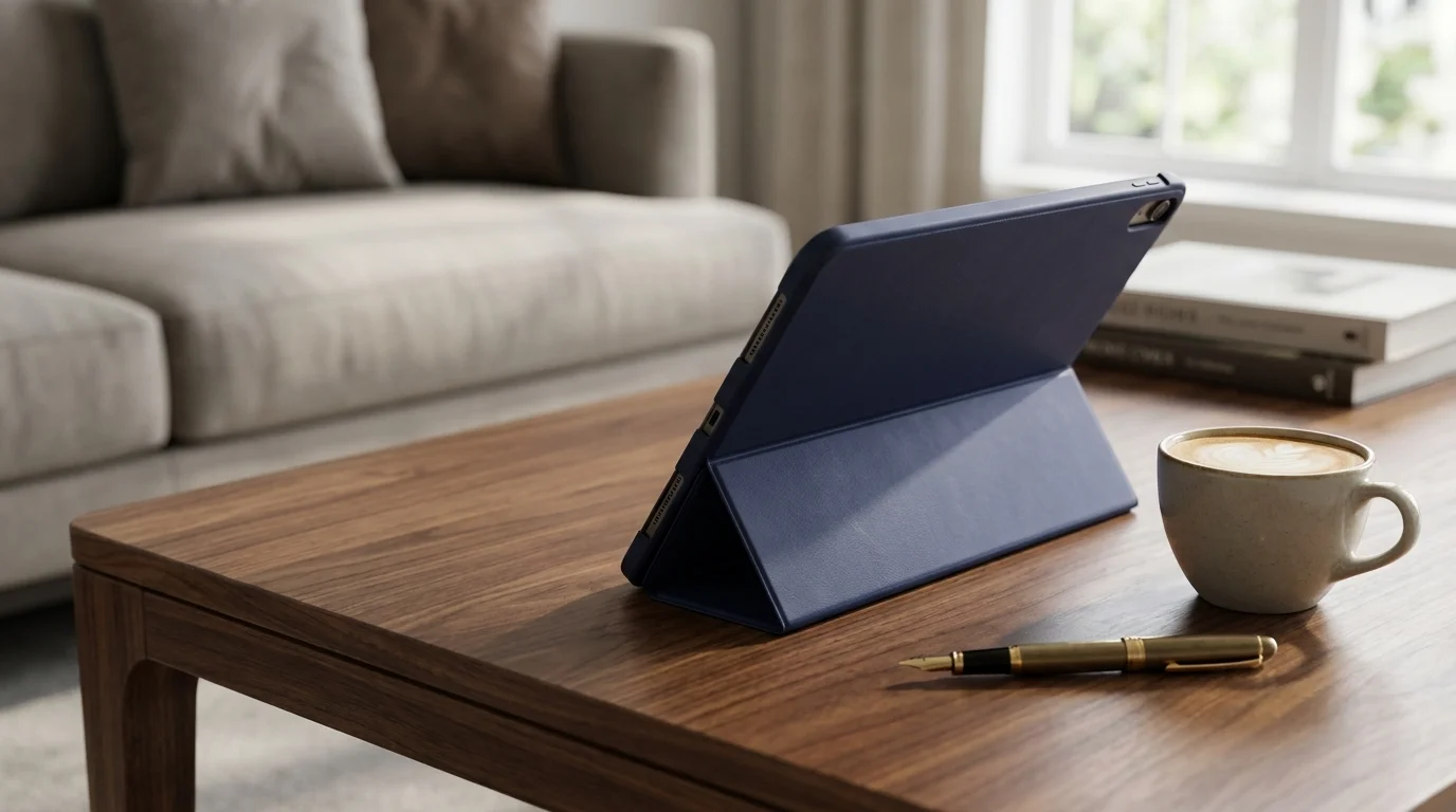 Modré pouzdro Fixed Padcover složené do stojánku pro tablet na dřevěném stole vedle šálku kávy a pera.