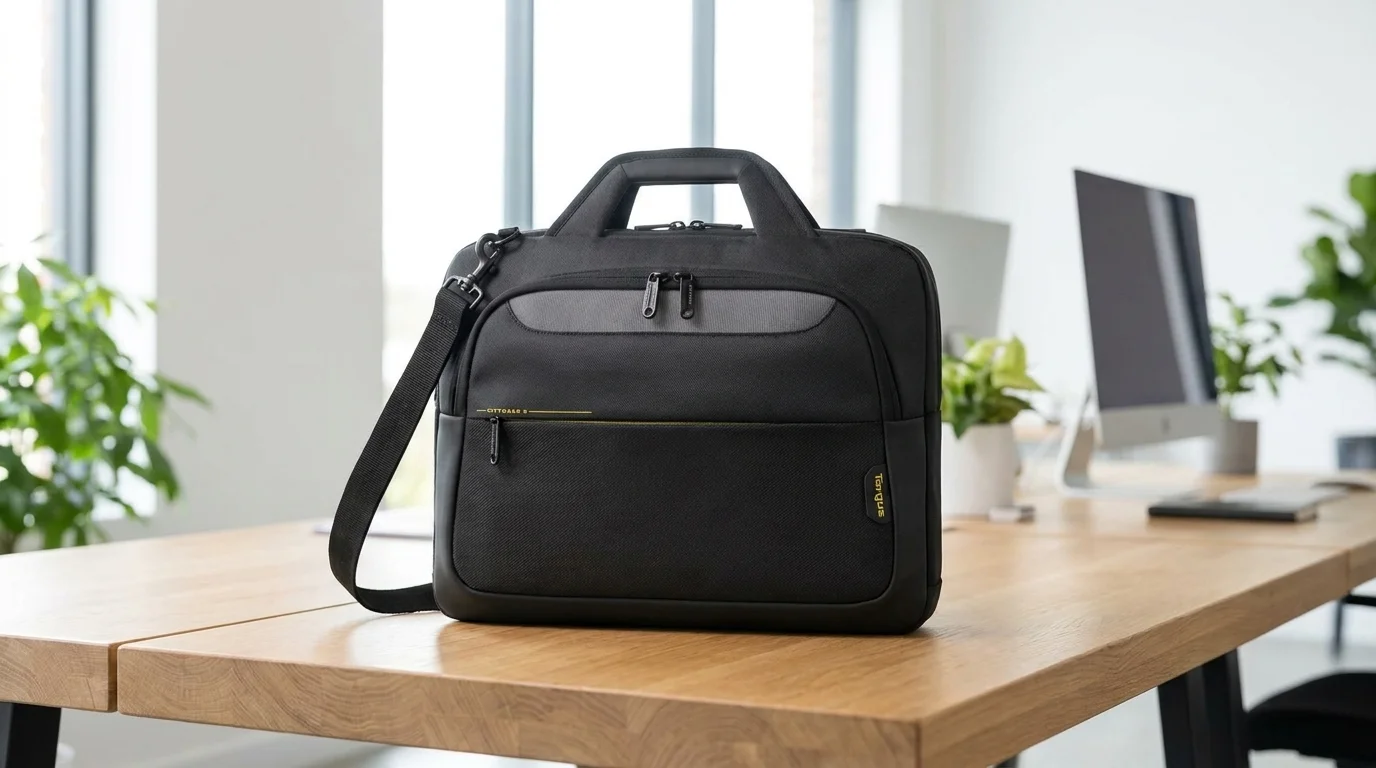 Černá brašna na notebook Targus CityGear s ramenním popruhem stojící na dřevěném pracovním stole.