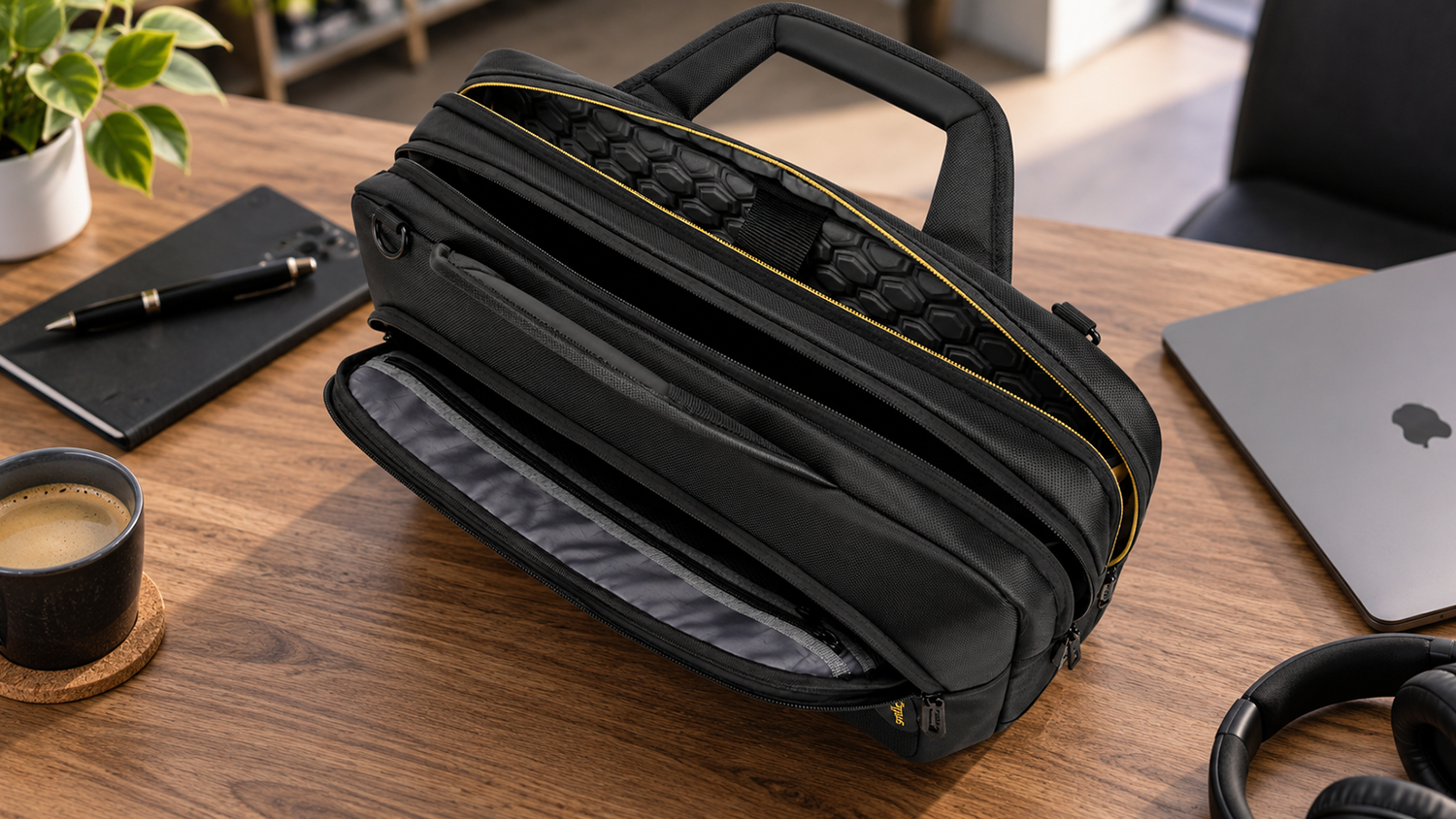 Otevřená černá brašna na notebook Targus CityGear na stole s pohledem do polstrovaných přihrádek.