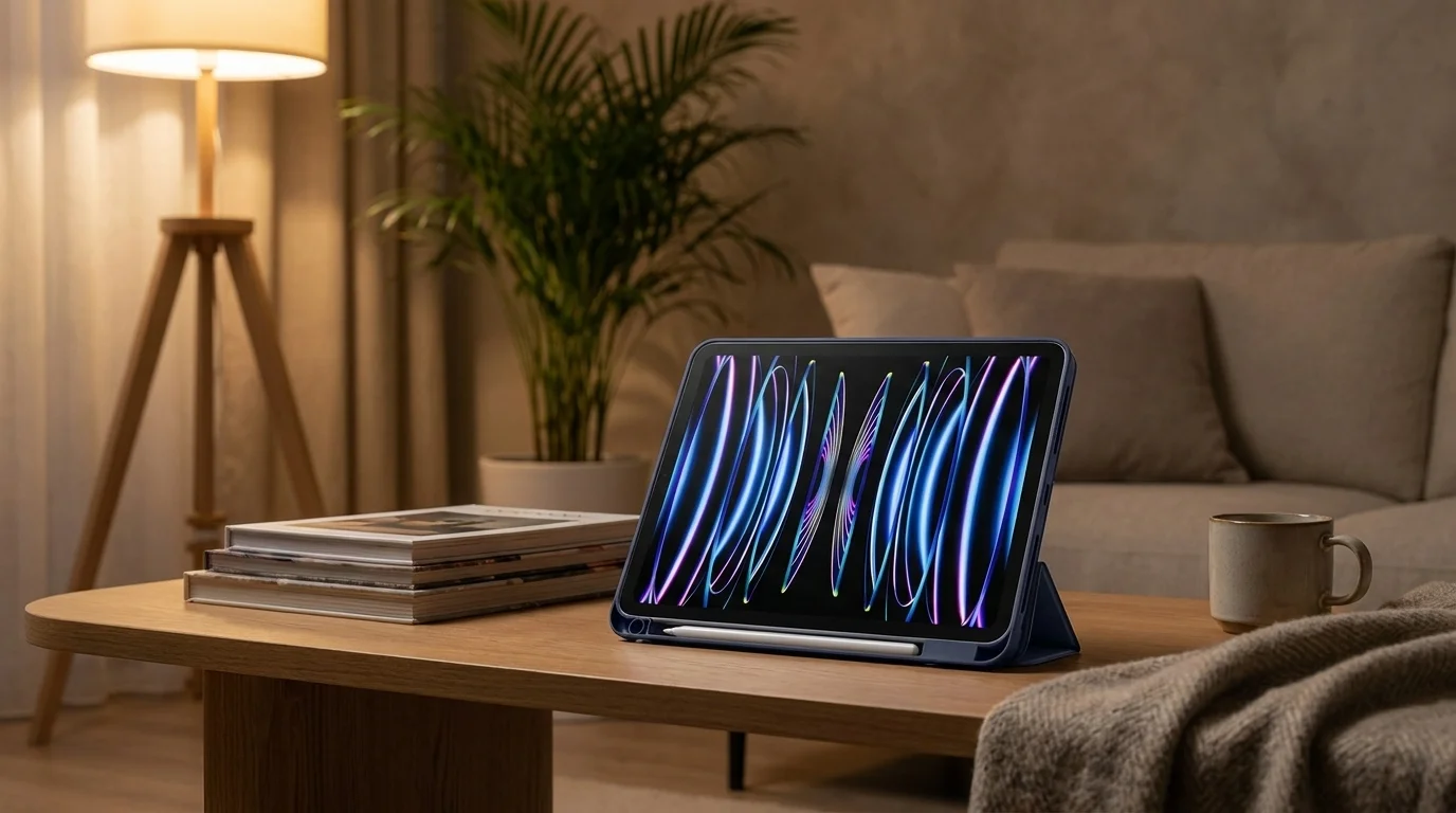 Tablet v modrém pouzdru Epico Hero postavený pomocí stojánku na dřevěném stolku s vloženým stylusem.