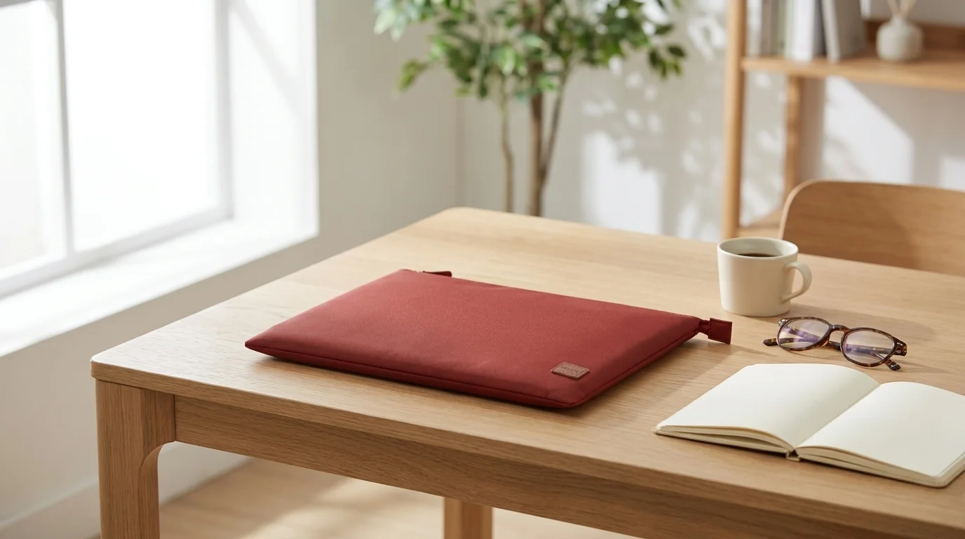 Červené pouzdro na notebook UNIQ Lyon položené na dřevěném stole vedle otevřeného sešitu, brýlí a šálku kávy.