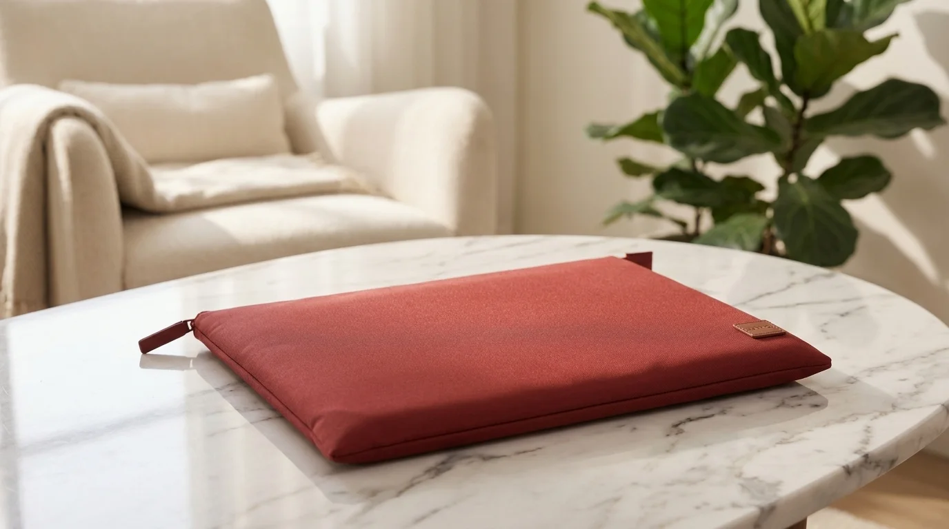 Červené pouzdro na notebook UNIQ Lyon položené na světlém mramorovém konferenčním stolku.