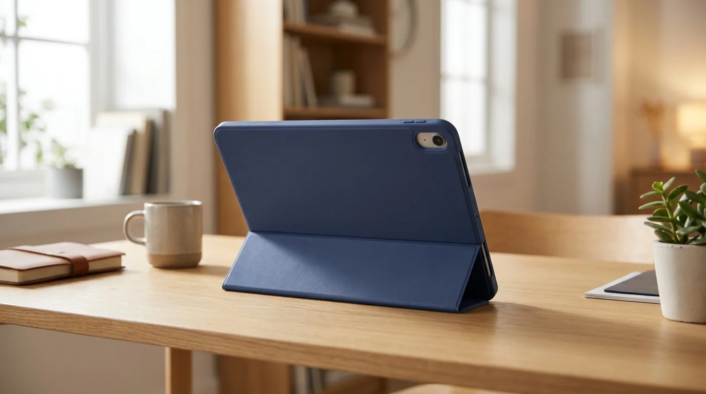 Modré pouzdro Fixed Padcover pro iPad Pro postavené ve funkci stojánku na dřevěném stole.