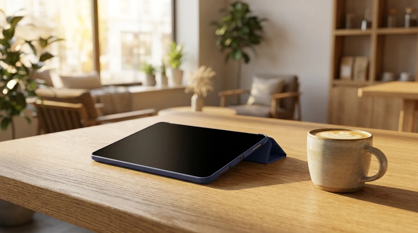 Tablet Apple iPad Pro v modrém pouzdře Fixed Padcover opřený v poloze stojánku na dřevěném stole vedle šálku kávy.