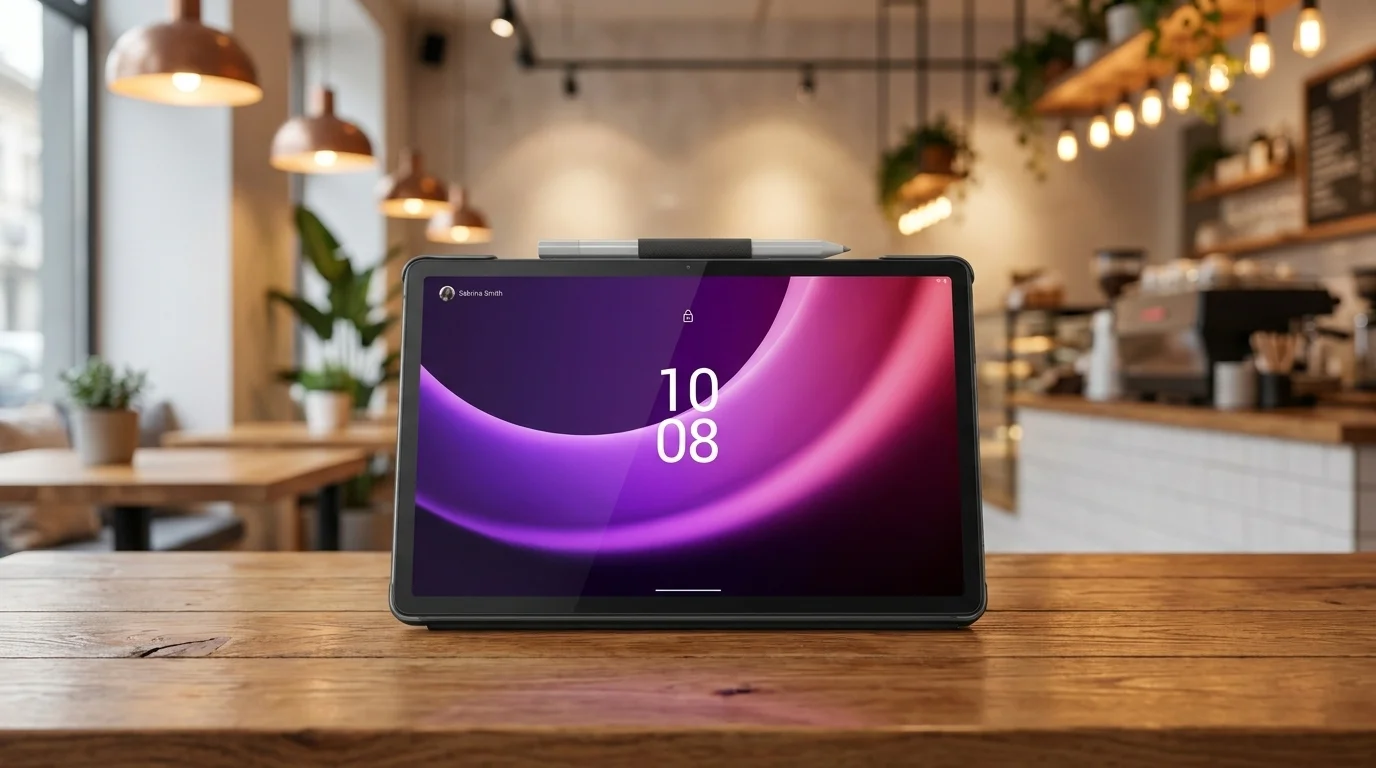 Tablet Lenovo Tab P11 v ochranném pouzdře s dotykovým perem v horním poutku postavený na dřevěném stole.