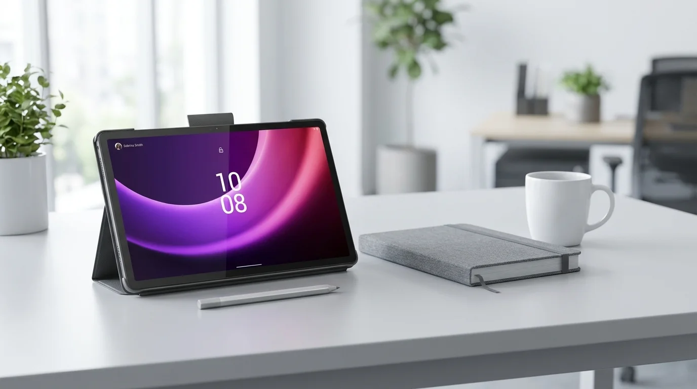 Tablet Lenovo Tab P11 v ochranném pouzdře postavený na stole v poloze stojánku vedle stylusu a zápisníku.