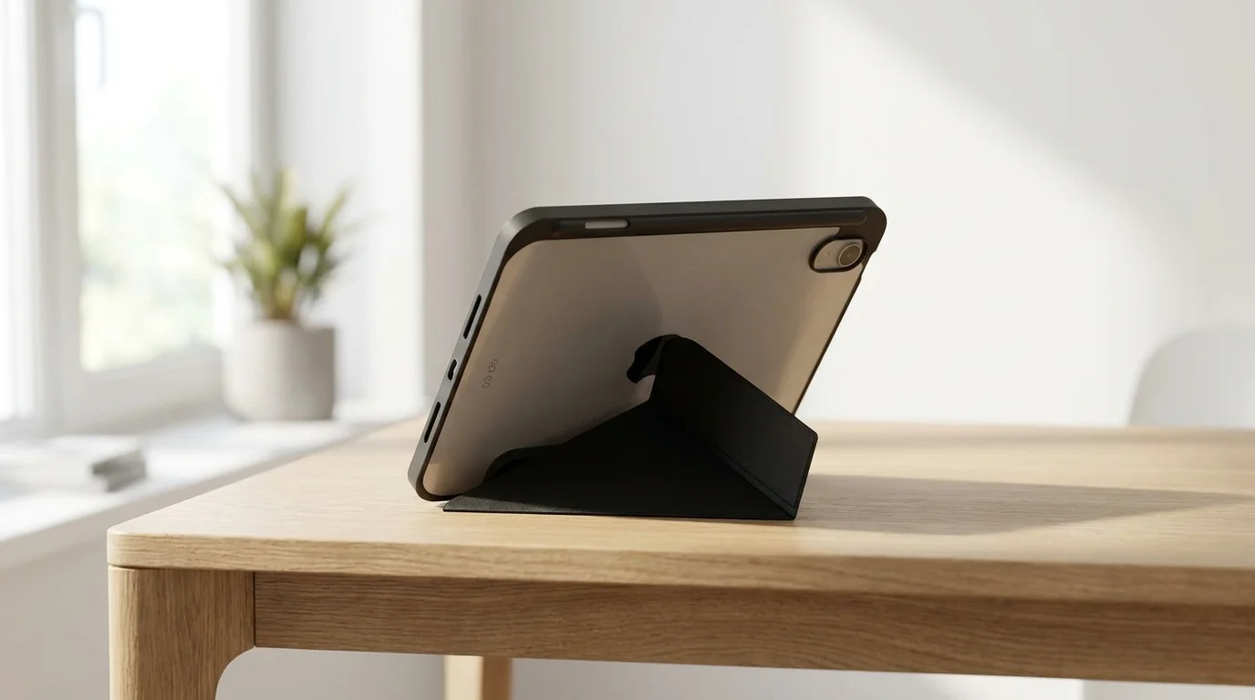 Tablet v pouzdru Epico Hero Flip podepřený skládacím stojánkem na dřevěném stole.