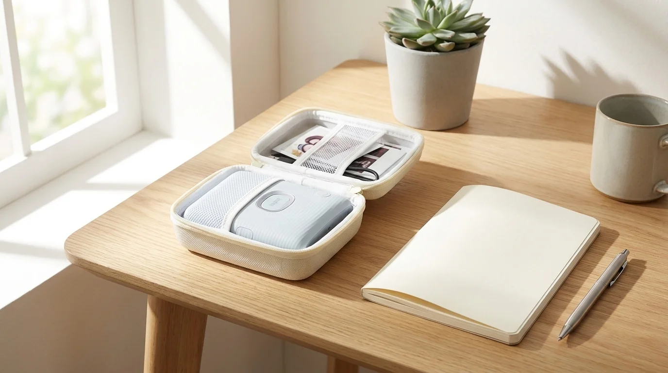 Otevřené pouzdro Fujifilm Instax Square Link s vloženou tiskárnou a fotografiemi na dřevěném stole vedle zápisníku.