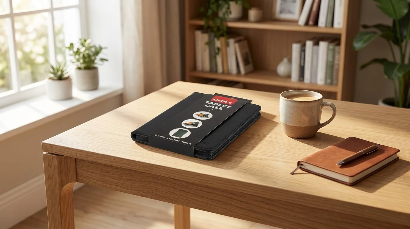 Černé pouzdro na tablet UMAX 7" položené na dřevěném stole vedle šálku kávy a zápisníku s perem.