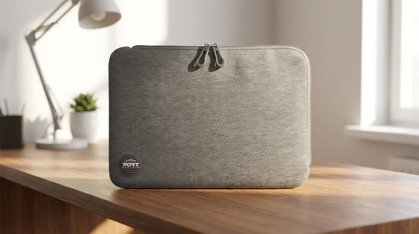 Sivé puzdro na notebook Port Designs Torino II s dvojitým zipsom položené na drevenom stole.
