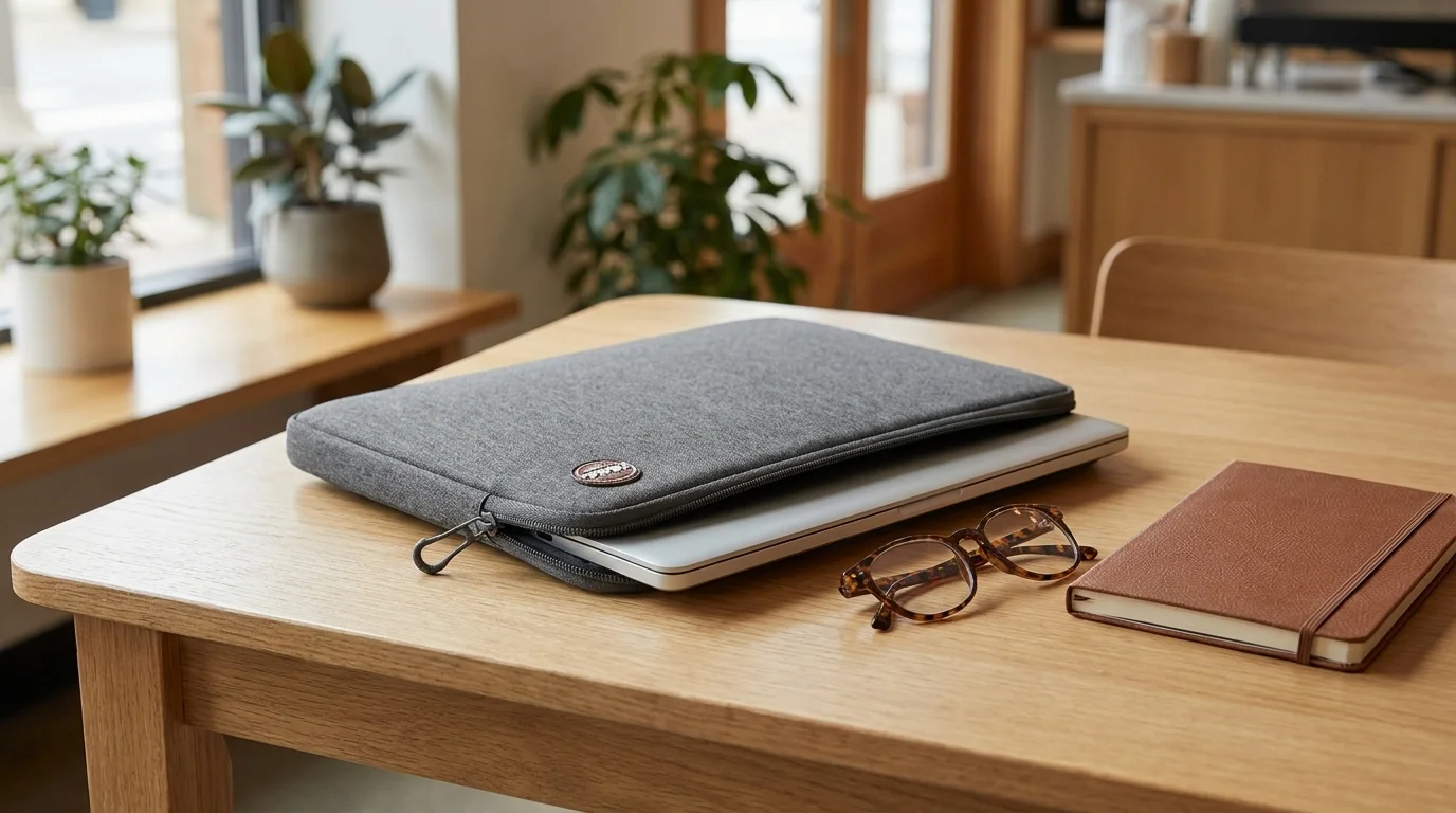 Sivé puzdro na notebook Port Designs Torino II na drevenom stole s notebookom, okuliarmi a zápisníkom.
