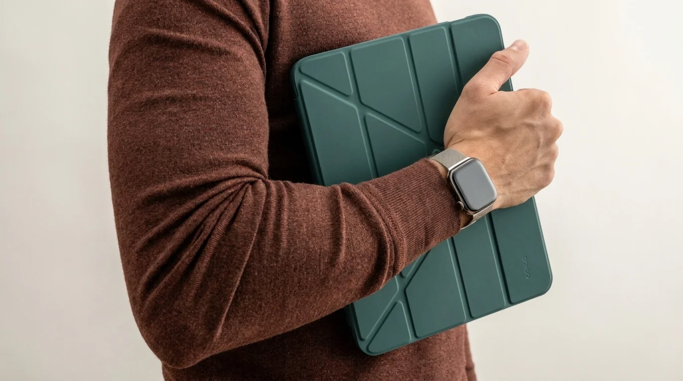 Osoba držící tablet v tmavě zeleném skládacím pouzdře Epico Hero Flip.