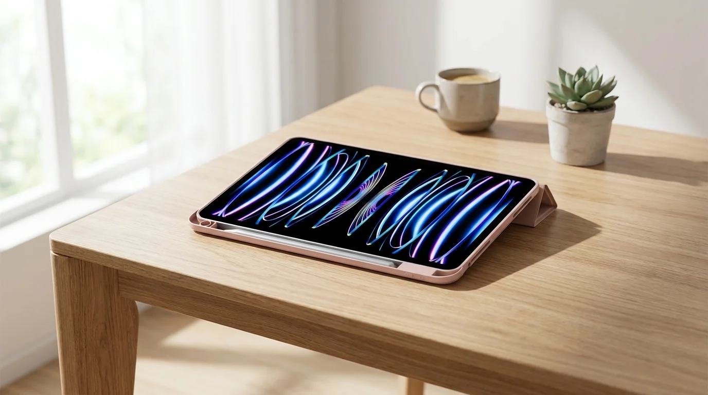 Tablet Apple iPad v růžovém pouzdře Epico Hero Flip s vloženým Apple Pencil, podepřený stojánkem na stole.