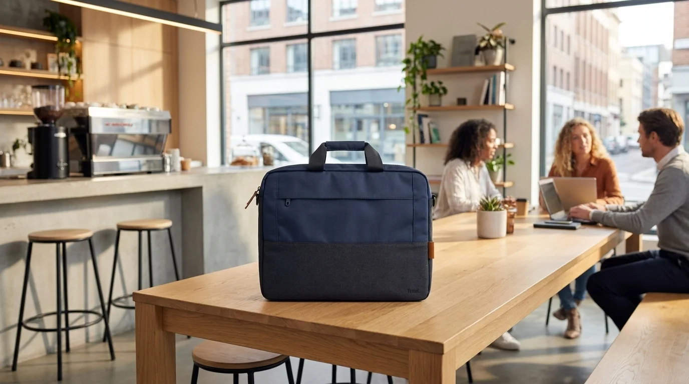 Modrá taška na notebook Trust Lisboa stojí na drevenom stole v kaviarni s pracujúcimi ľuďmi v pozadí.
