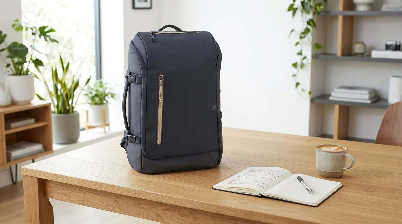 Modrý batoh na notebook HP Travel stojí na drevenom stole vedľa otvoreného zápisníka s perom a šálky kávy.