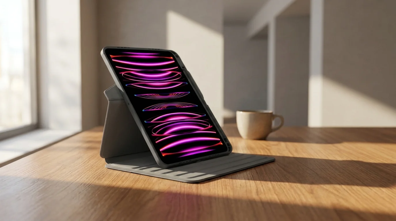 Tablet iPad v pouzdře Targus Click-In postavený ve stojánku na výšku na dřevěném stole.