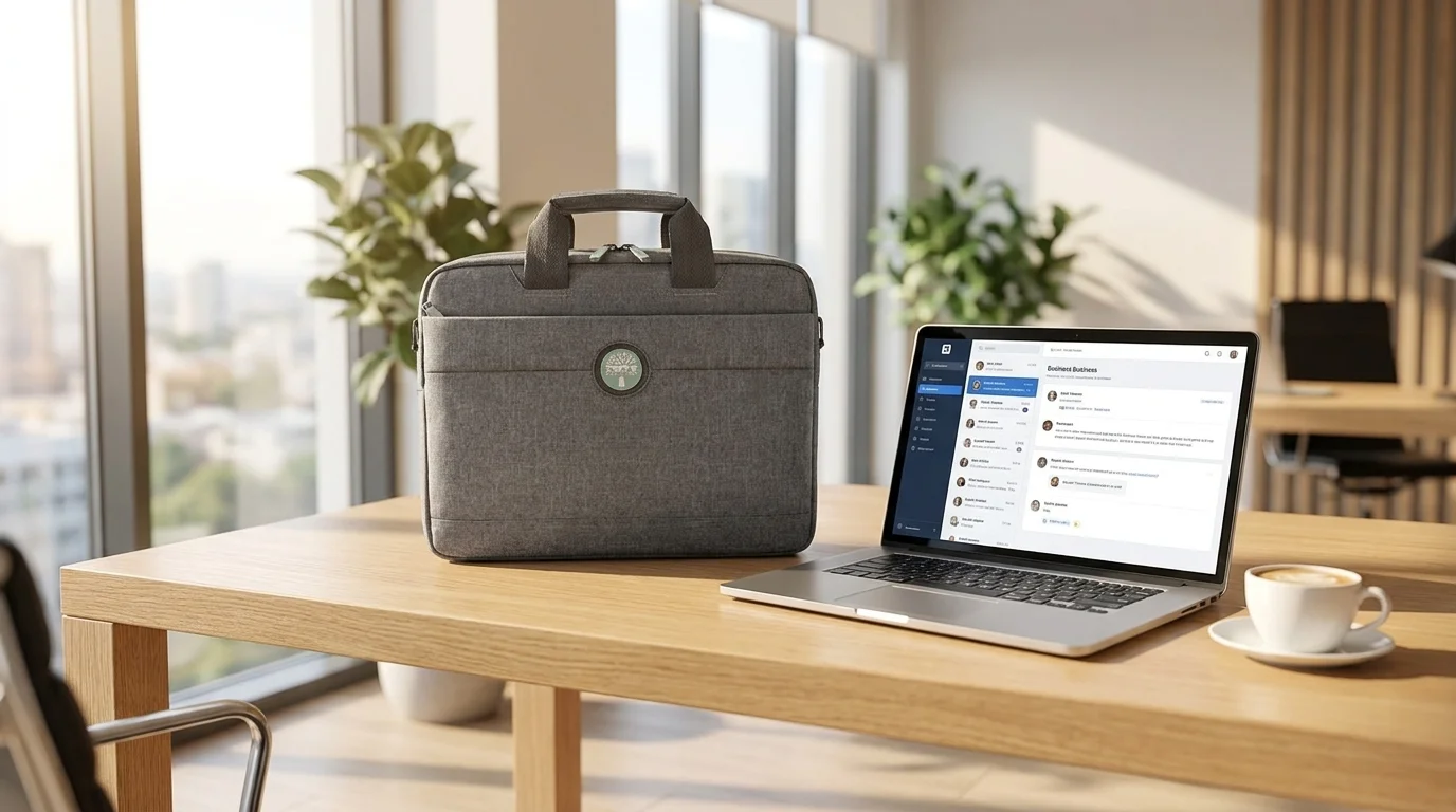 Sivá taška na notebook Port Designs Yosemite Eco stojí na drevenom stole vedľa otvoreného notebooku a šálky kávy.