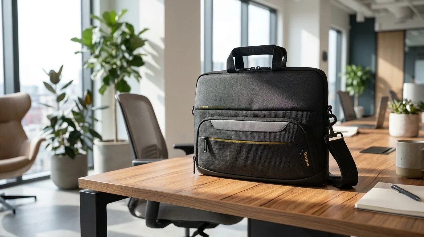 Černá brašna na notebook Targus CityGear 14" stojící na dřevěném stole v moderní kanceláři.