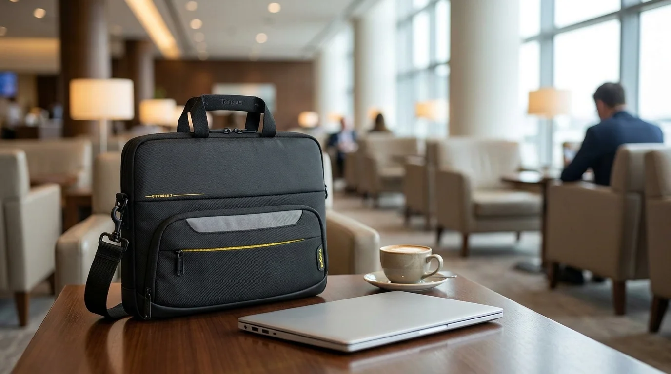 Černá brašna na notebook Targus CityGear 14" na stole vedle zavřeného stříbrného notebooku a šálku kávy.