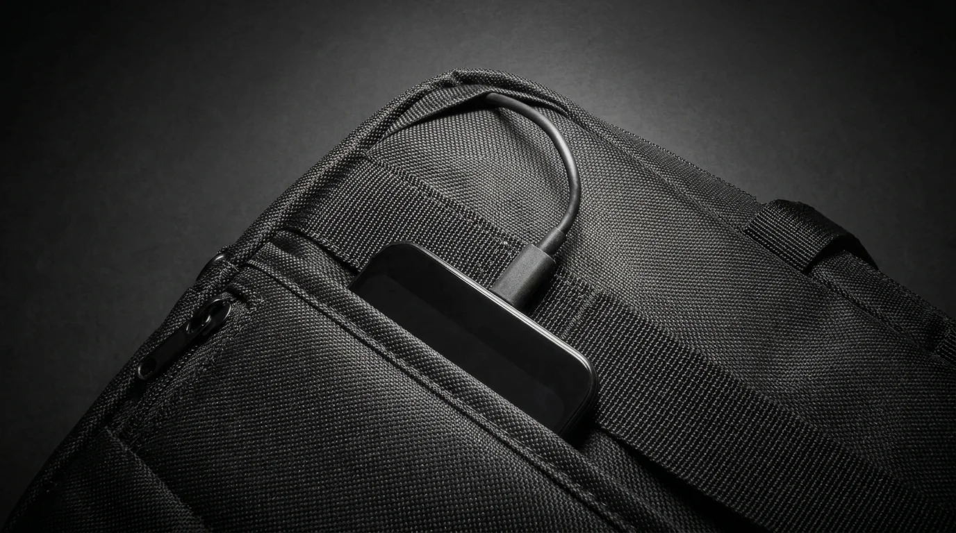 Detail kapsy černé brašny HP Professional s vloženým chytrým telefonem připojeným k nabíjecímu kabelu přes otvor.