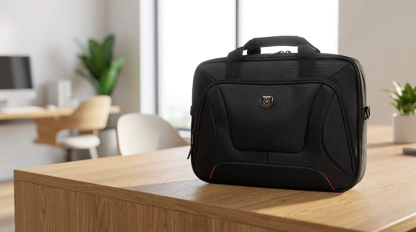 Černá brašna na notebook Port Designs Courchevel Topload stojící na dřevěném stole v kanceláři.