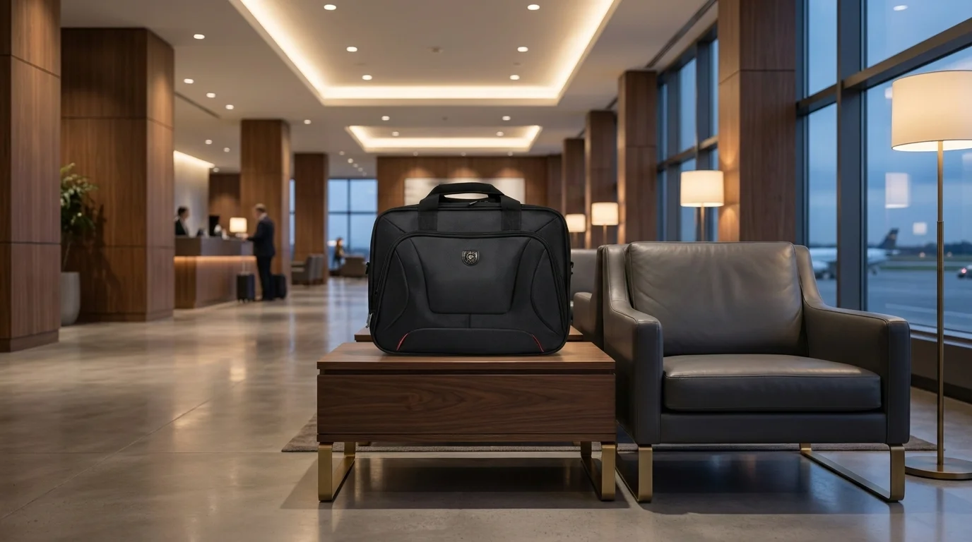 Černá brašna na notebook Port Designs Courchevel Topload položená na dřevěném stolku vedle křesla v letištní hale.