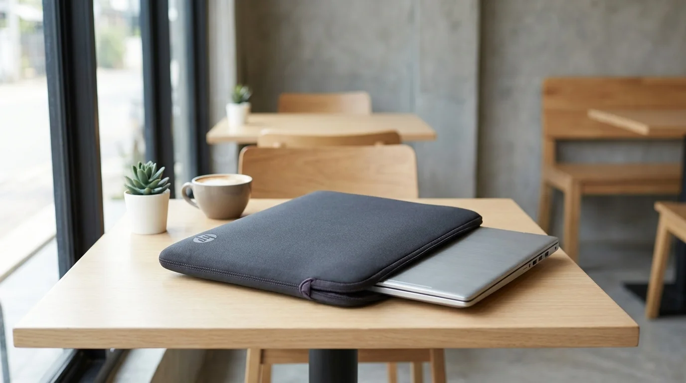 Stříbrný notebook částečně zasunutý v šedém pouzdře HP na dřevěném stole vedle šálku kávy.