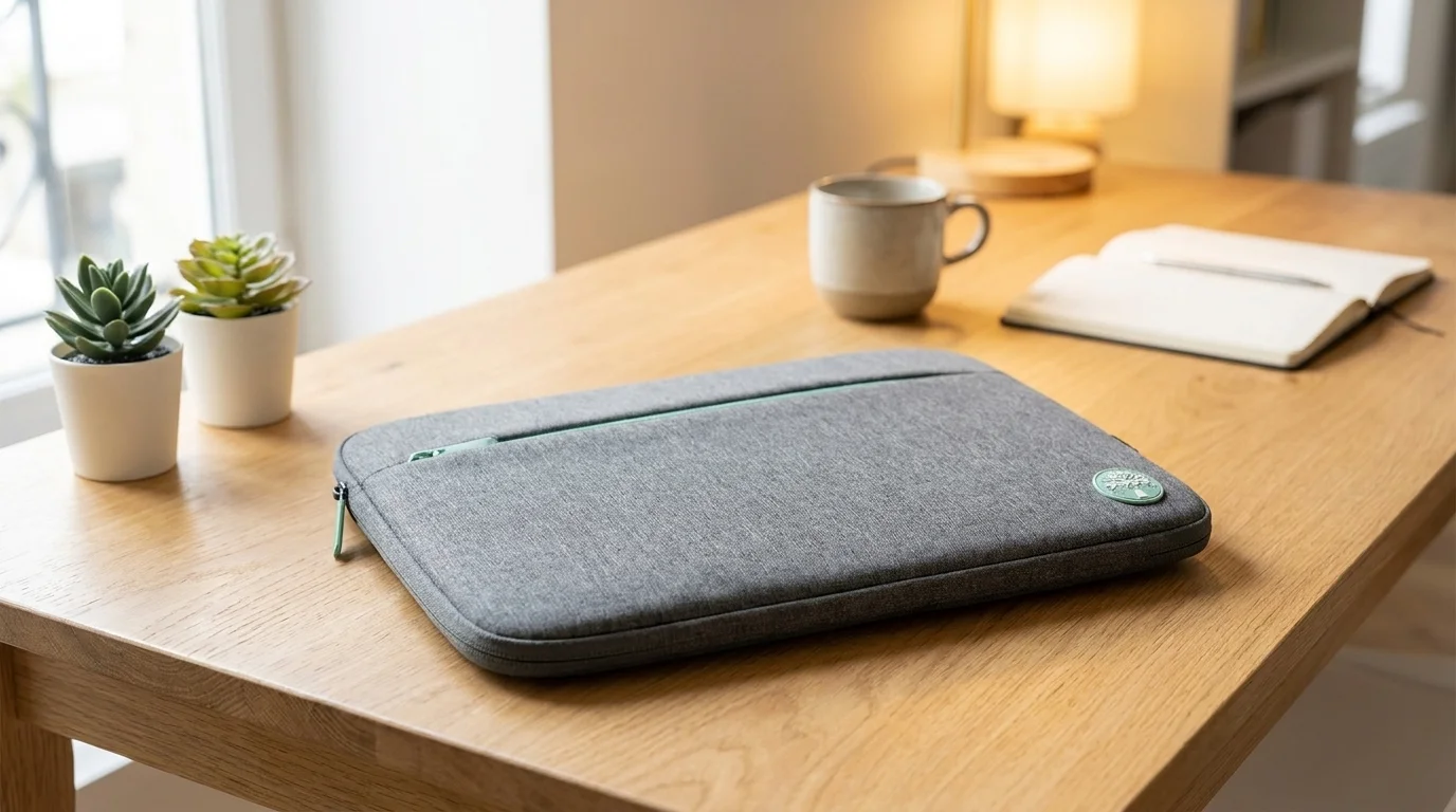 Sivé puzdro na notebook Port Designs Yosemite ECO s predným vreckom na zips položené na drevenom stole.