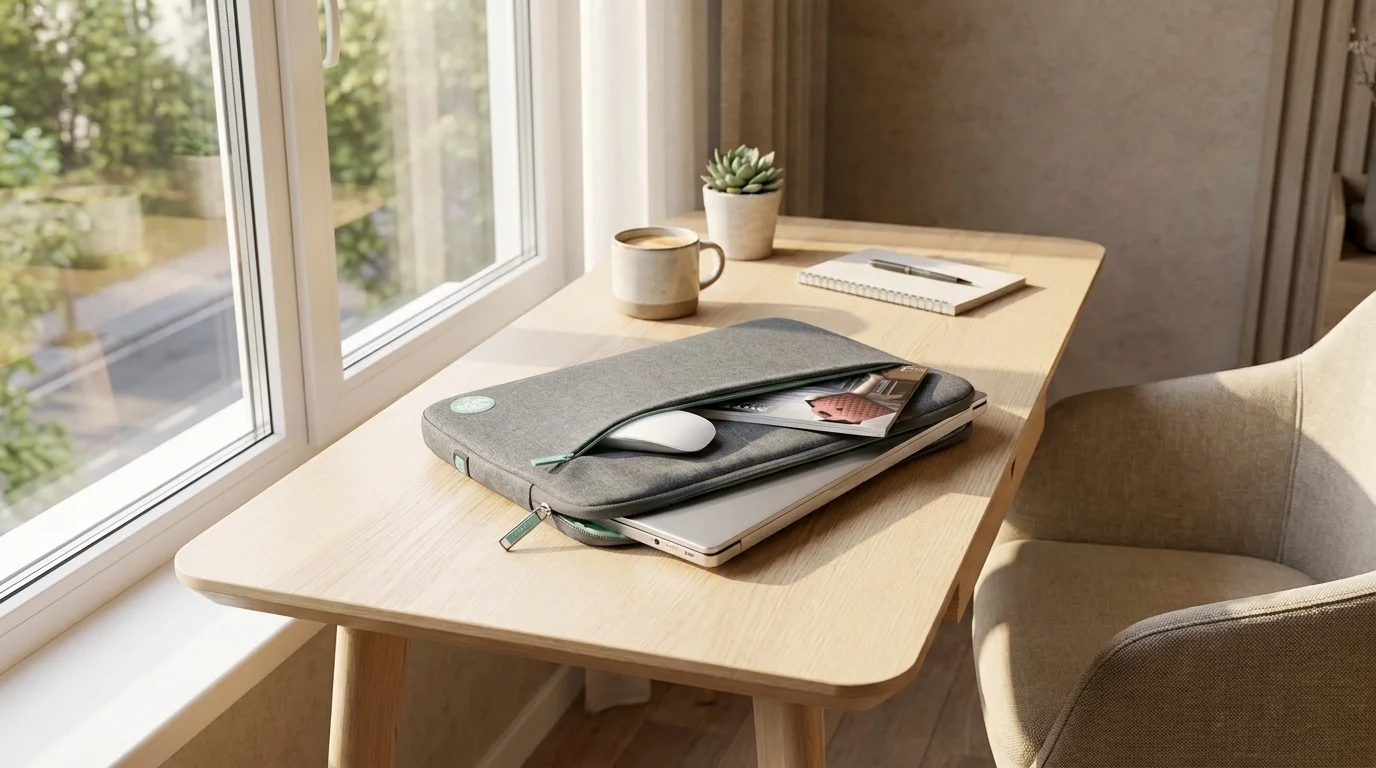 Sivé puzdro na notebook Port Designs Yosemite ECO na stole pri okne s vloženým notebookom a myšou v prednom vrecku.