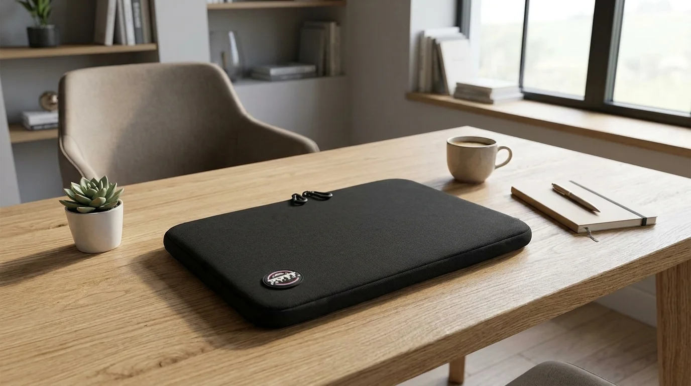Čierne neoprénové puzdro na notebook Port Designs Torino II položené na drevenom stole vedľa šálky a zápisníka.