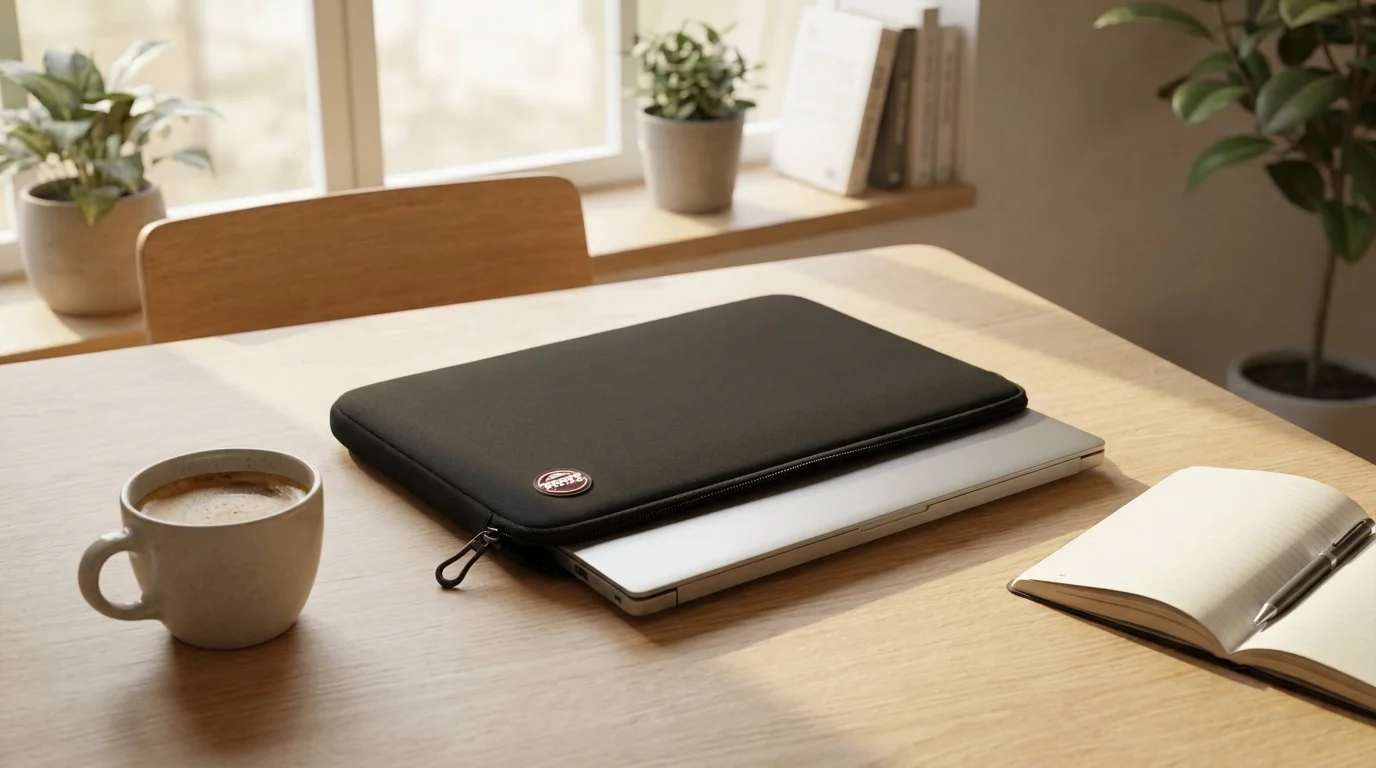 Čierne puzdro Port Designs Torino II na striebornom notebooku položenom na drevenom stole vedľa šálky kávy a otvoreného zápisníka.