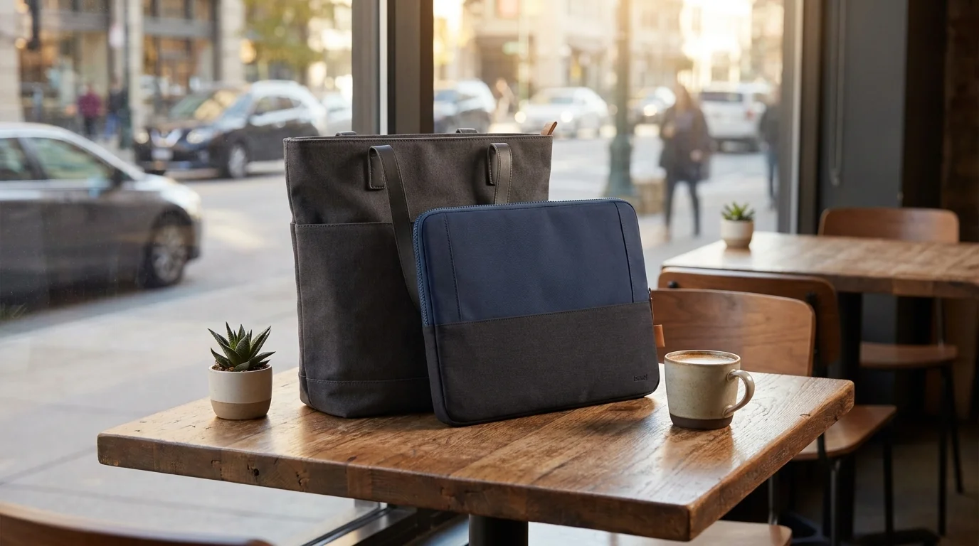 Modro-sivé puzdro na notebook Trust Lisboa 16" opreté o tmavú tašku na drevenom stole vedľa šálky kávy.