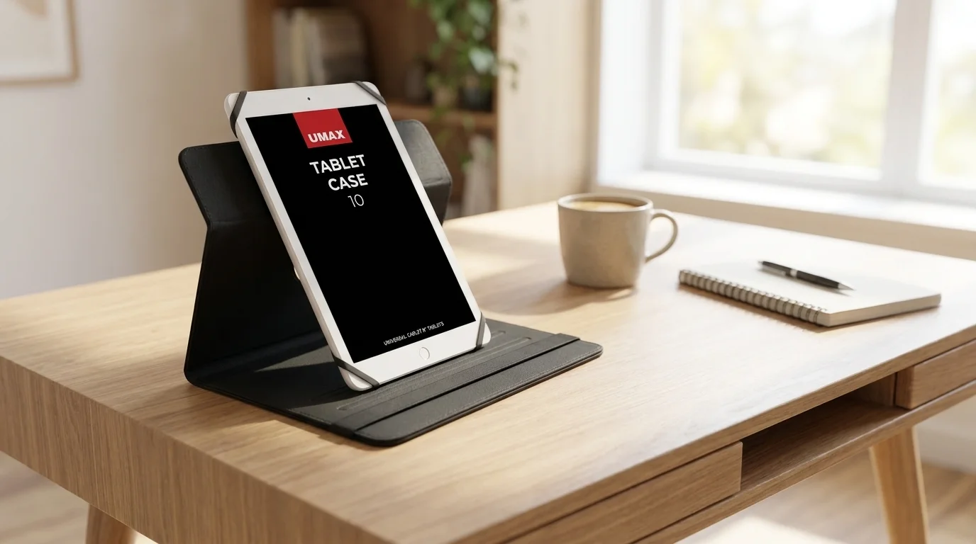 Černé pouzdro na tablet postavené jako stojánek na dřevěném stole vedle šálku kávy a zápisníku.