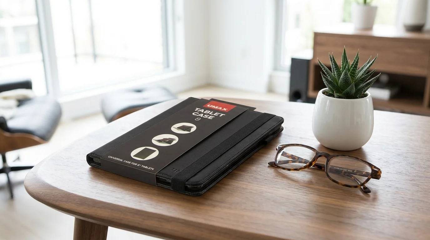 Černé flipové pouzdro pro tablet UMAX 8" v obalu položené na dřevěném stole vedle brýlí a sukulentu v květináči.