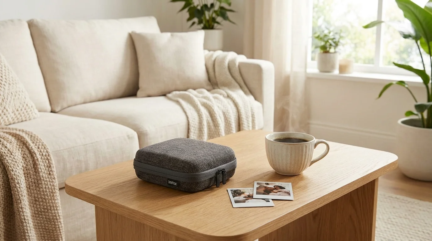 Šedé pouzdro Fujifilm Instax Square Link položené na dřevěném stolku vedle šálku kávy a vytištěných fotografií.