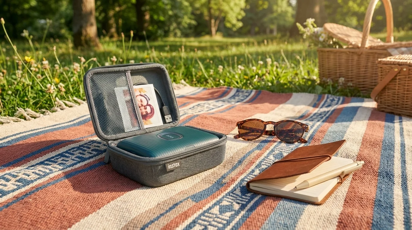Otevřené šedé pouzdro s tiskárnou Instax Square Link a příslušenstvím na piknikové dece v trávě.