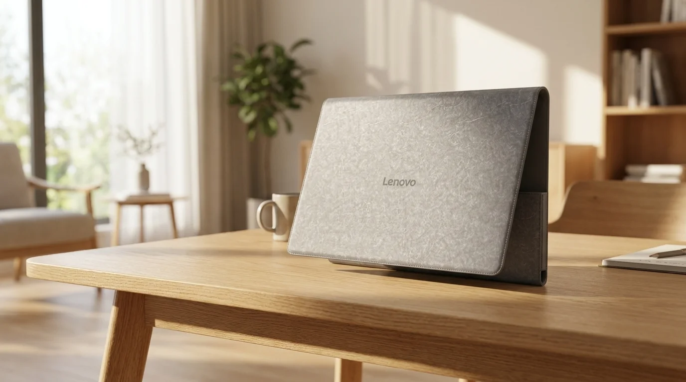 Šedé texturované pouzdro pro tablet Lenovo Tab Plus postavené na dřevěném stole.