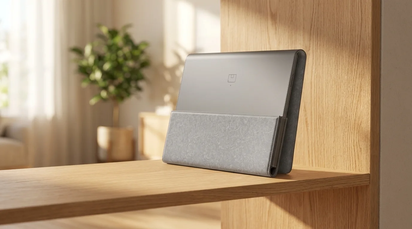 Tablet Lenovo Tab Plus v šedém ochranném pouzdře postavený na dřevěné polici v interiéru.