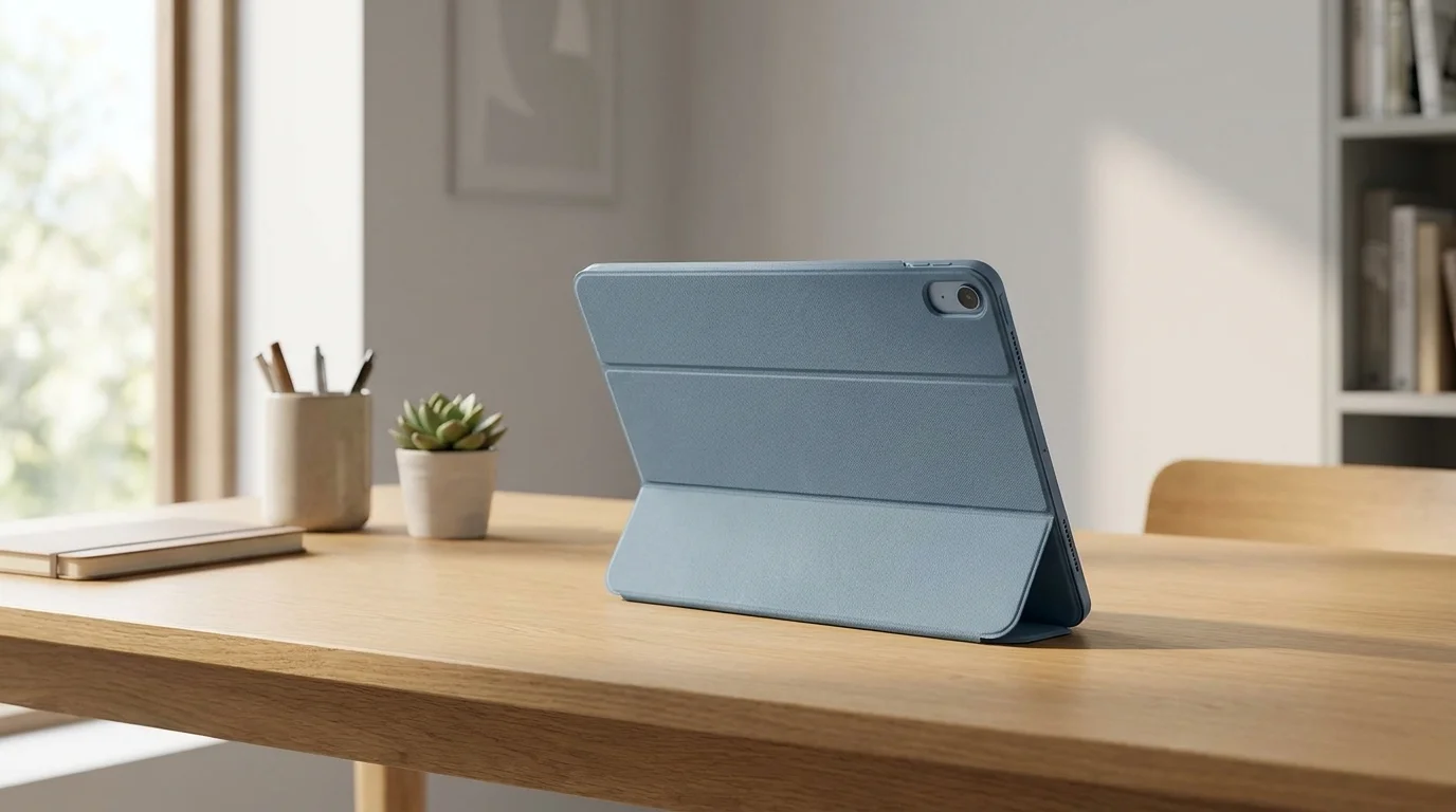 iPad Air v denimově modrém pouzdře Smart Folio podepřený na dřevěném stole v režimu stojánku.